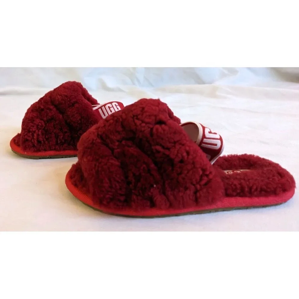 NWOT UGG Kids Fluff Yeah Sling-back Slides Ribbon Red Genuine Shearling